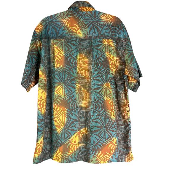 Johari West Shirt Men Sze L Teal Yellow Multi Batik Geometric Hawaiian Button Up - Picture 3 of 8